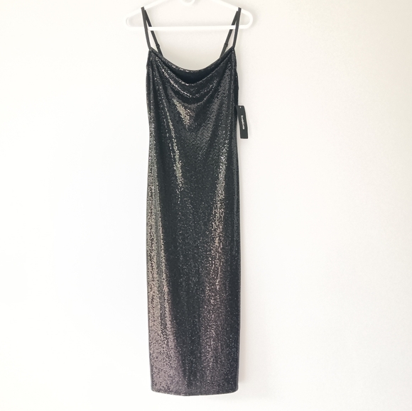 NEW Bebe Shiny Metallic Maxi Dress Spaghetti Strap Draped Neck Side Slit Medium - Picture 7 of 15